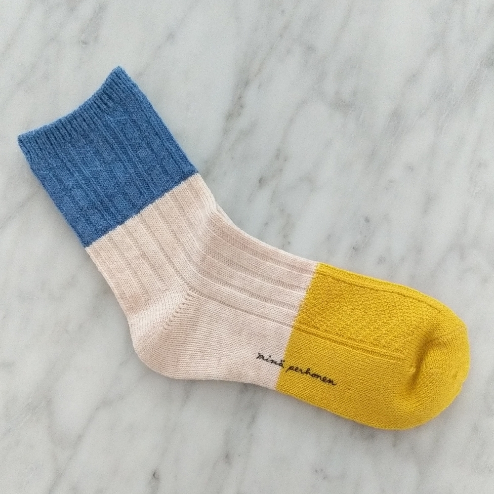 NWOT Japanese Brand Mina Perhonen Blue and Yellow Colorblock Sock